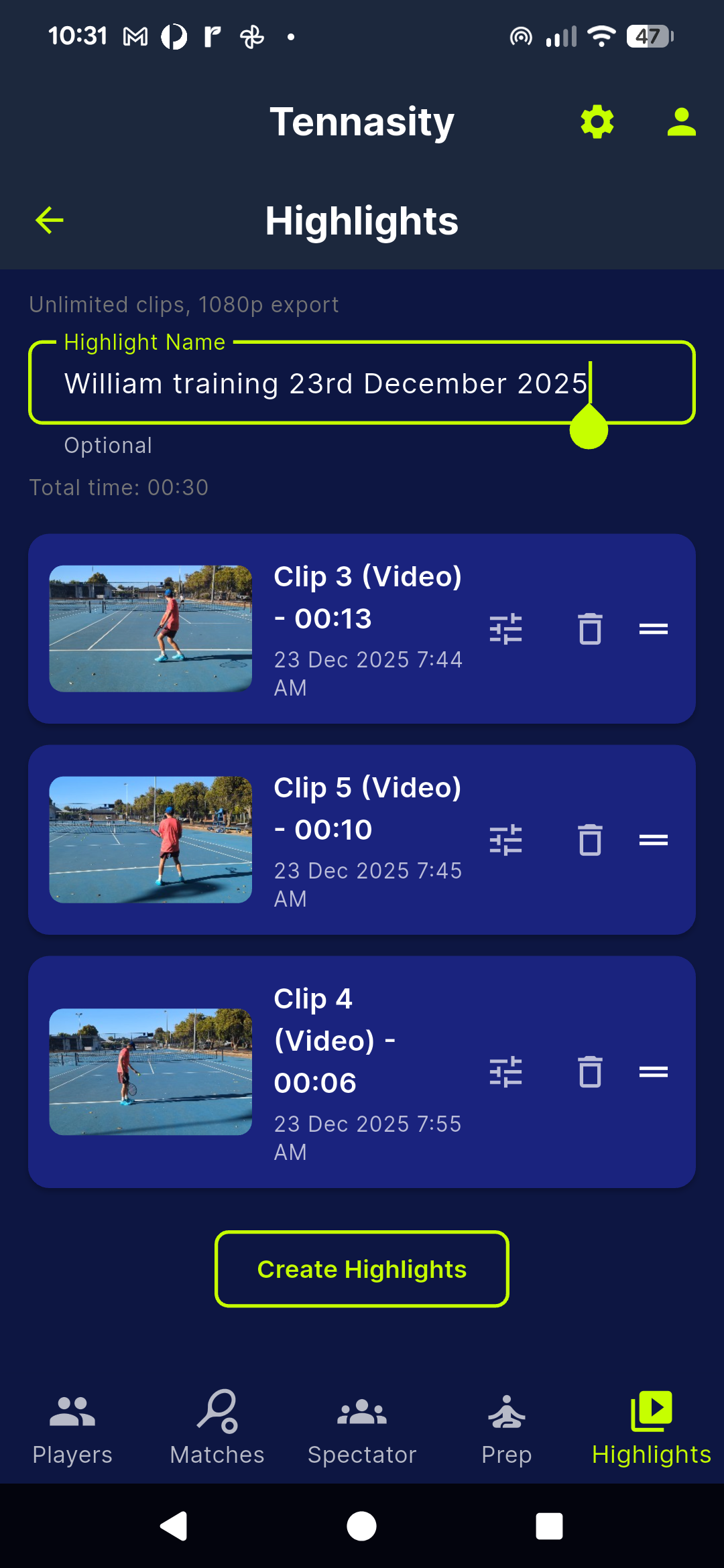 Highlights builder screen