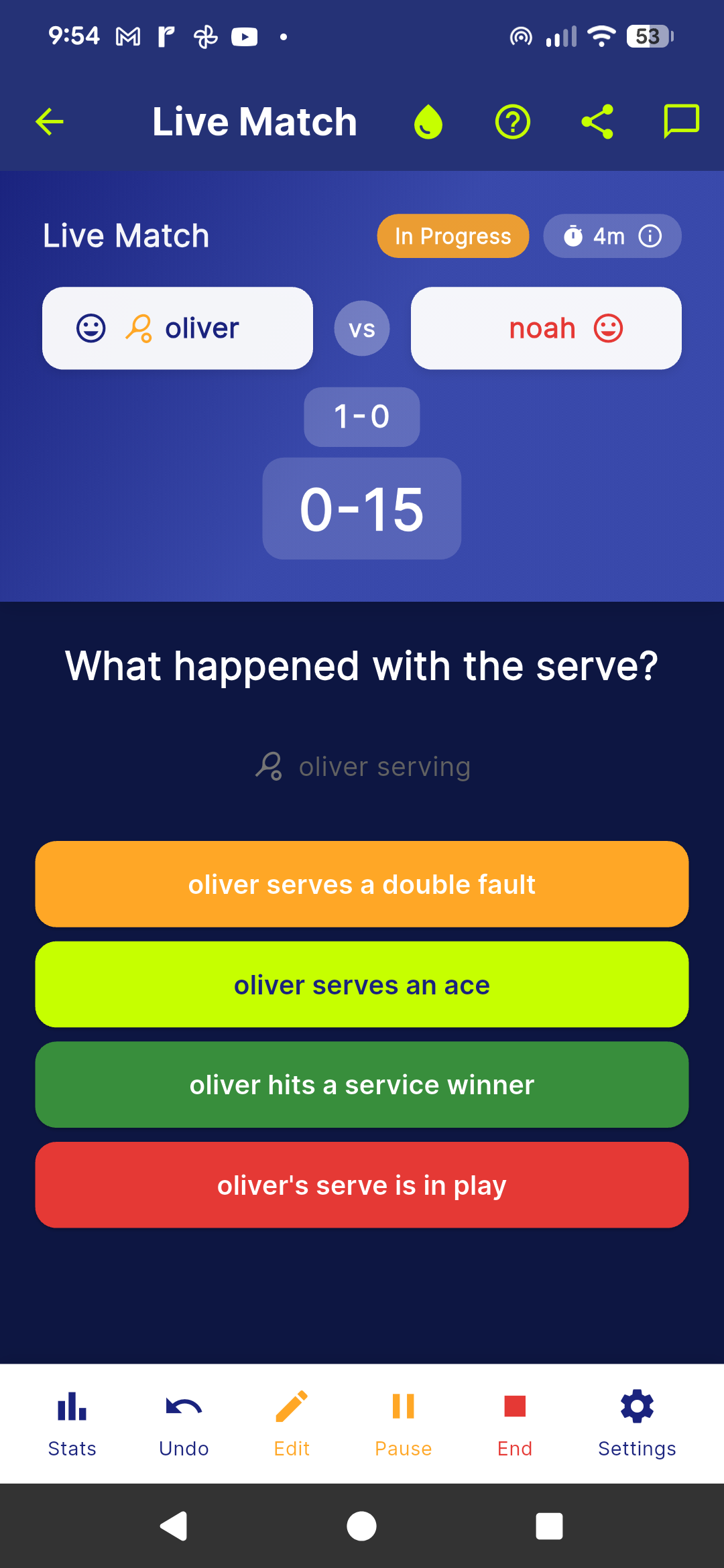 Match tracking screen with scoring controls