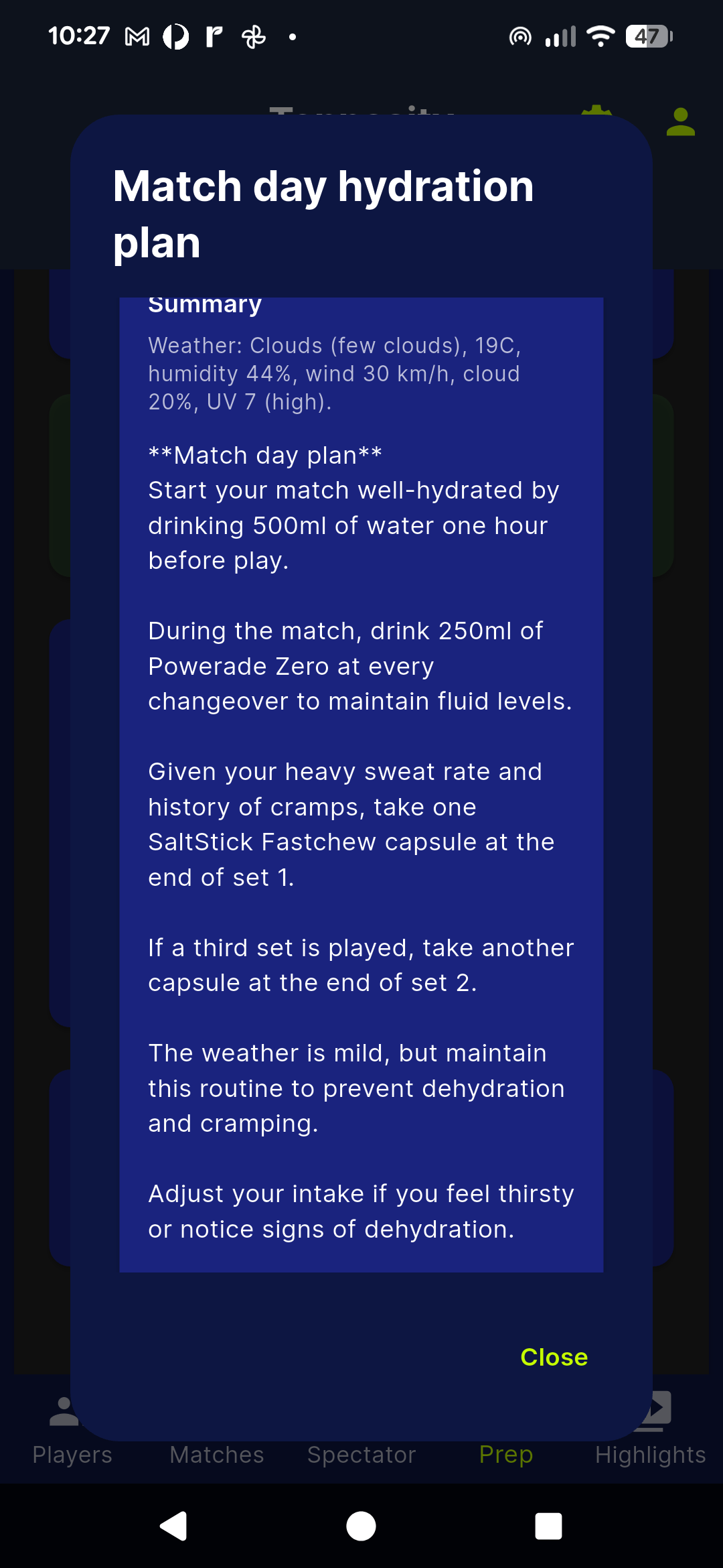 Prep and recovery hydration plan